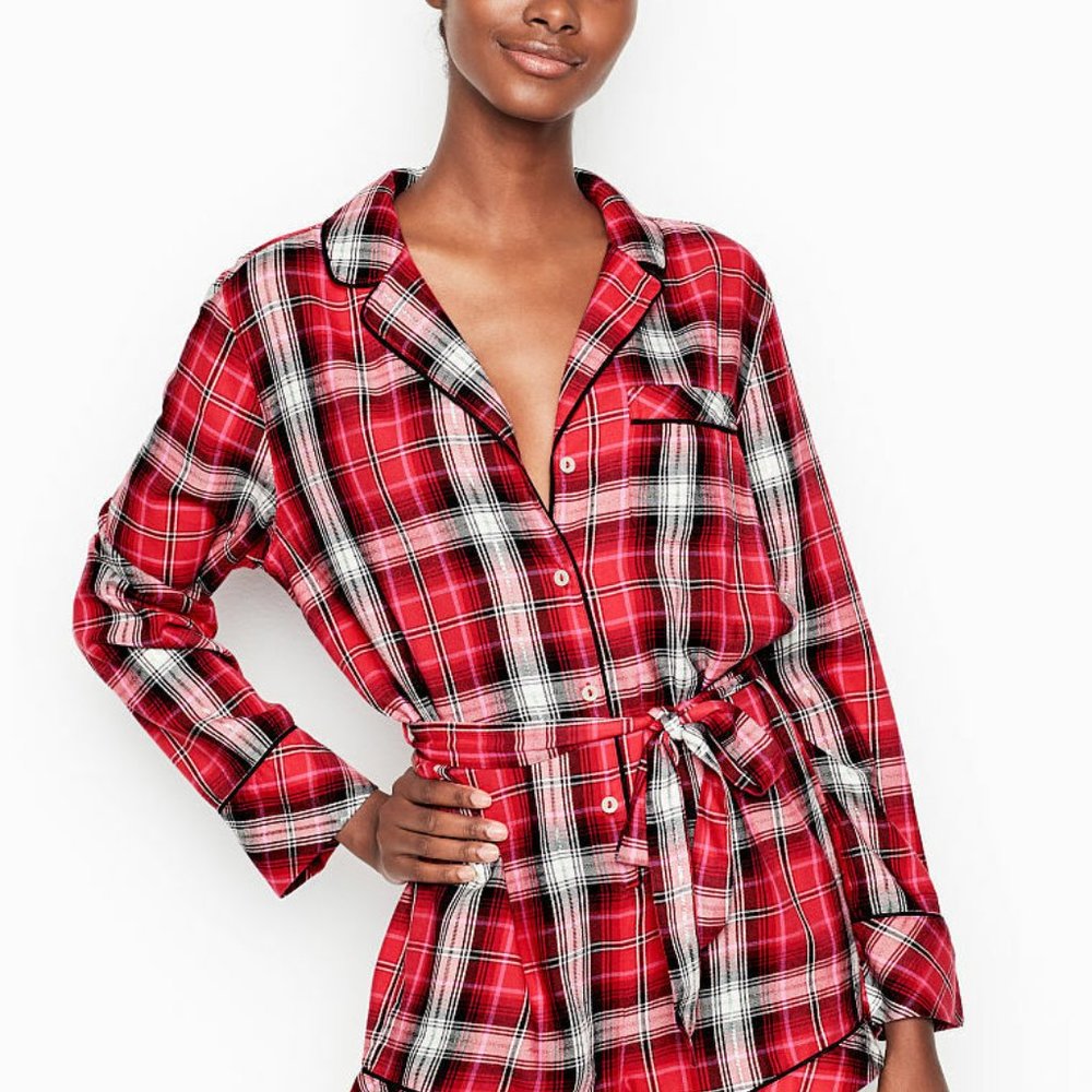 Victoria's Secret FLANNEL LONG SLEEVE ROMPER PAJAMA SLEEP PJ size XL